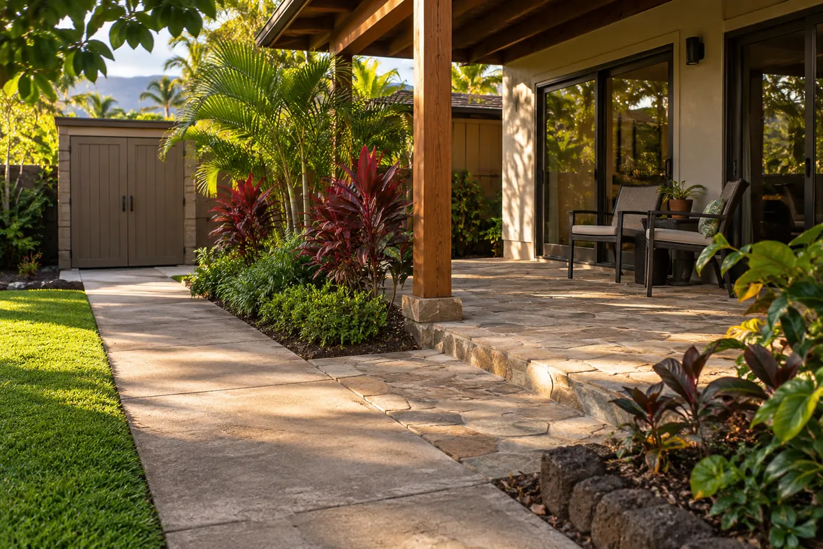 Clean garden walkway and stone lanai bordered by a trimmed lawn and tropical planting