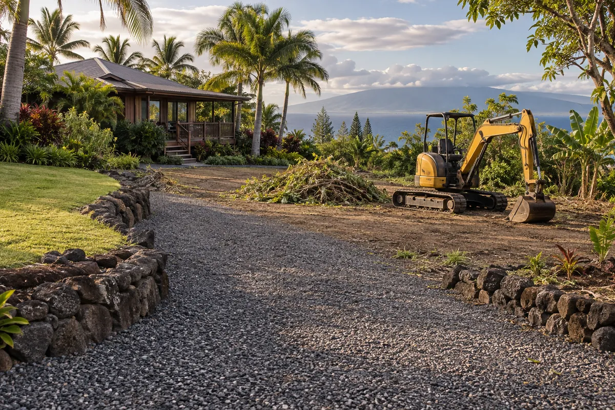 Compact excavator with its bucket lowered beside gathered branches and a clear gravel access path