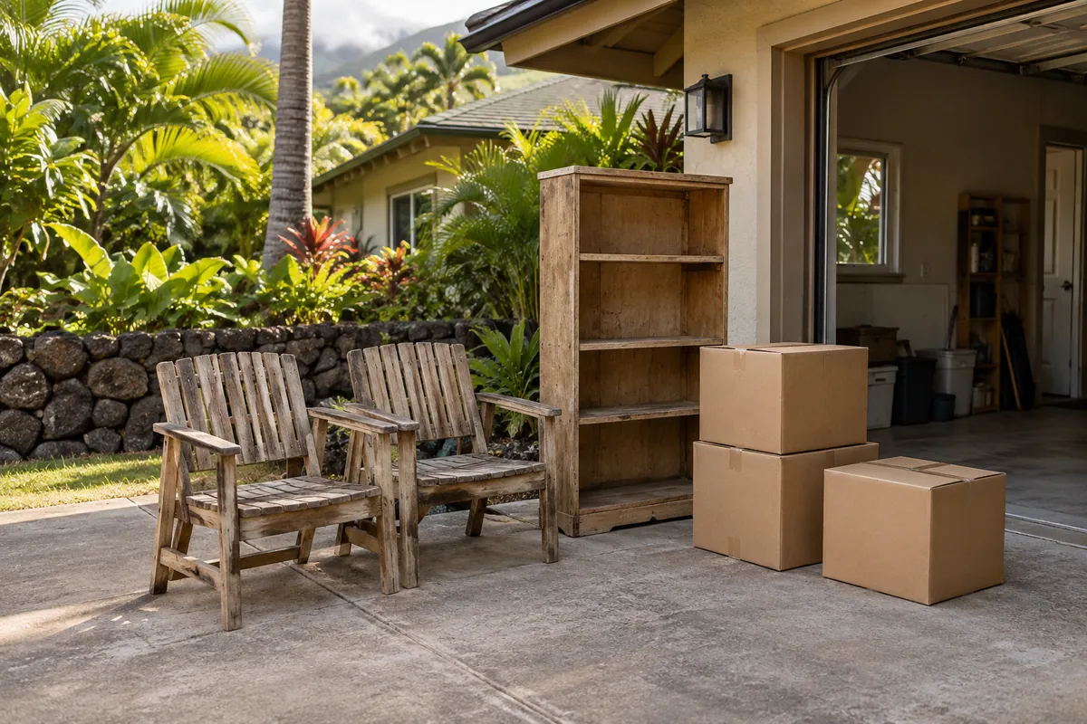 Worn outdoor furniture and closed boxes arranged beside an accessible residential garage